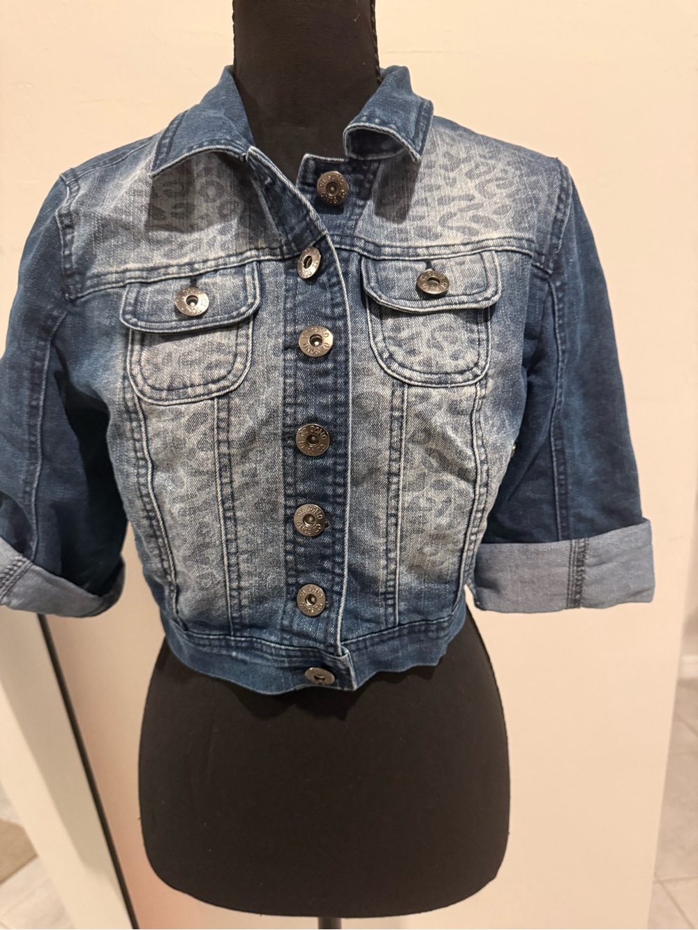 Shasa Dark Blue Denim Jacket with Faded Animal Print